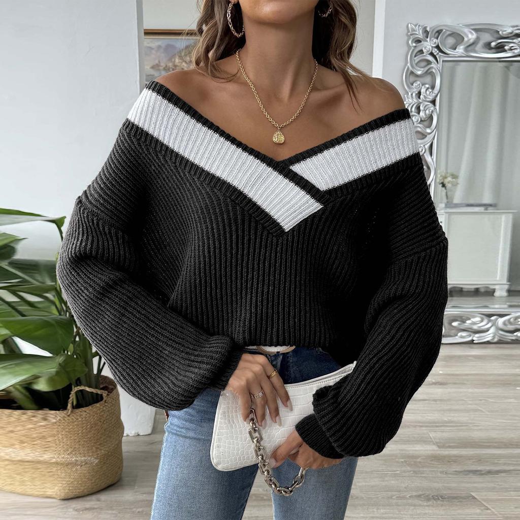 Women's Contrasting Color Patchwork Large V-neck Loose Sweater Pullover Sweater