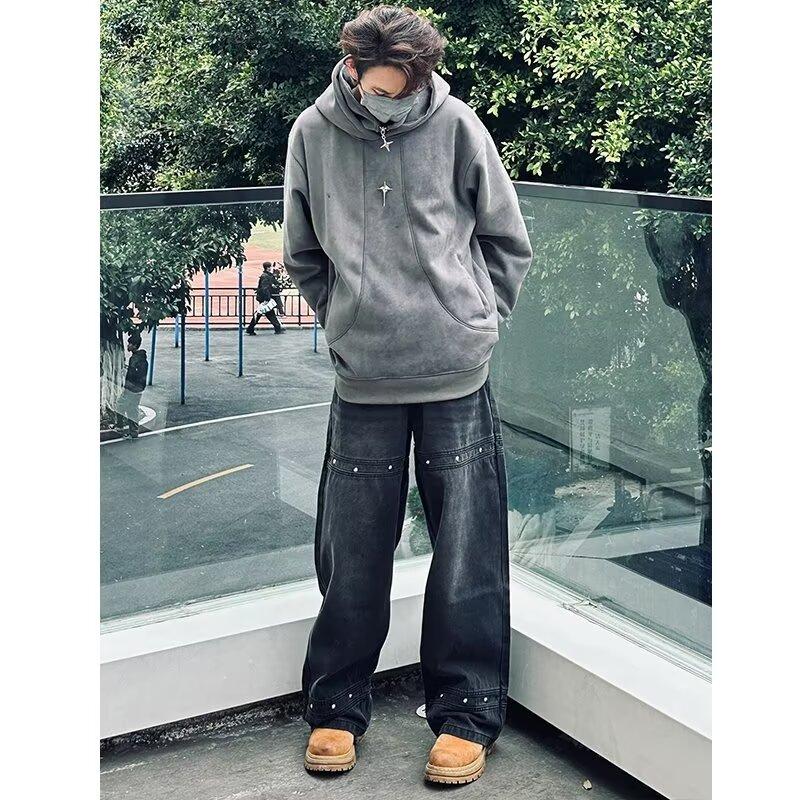 High Street Denim Pants For Men, Retro Distressed, Loose Straight Leg Pants, Wide Leg Sports Pants, Trendy