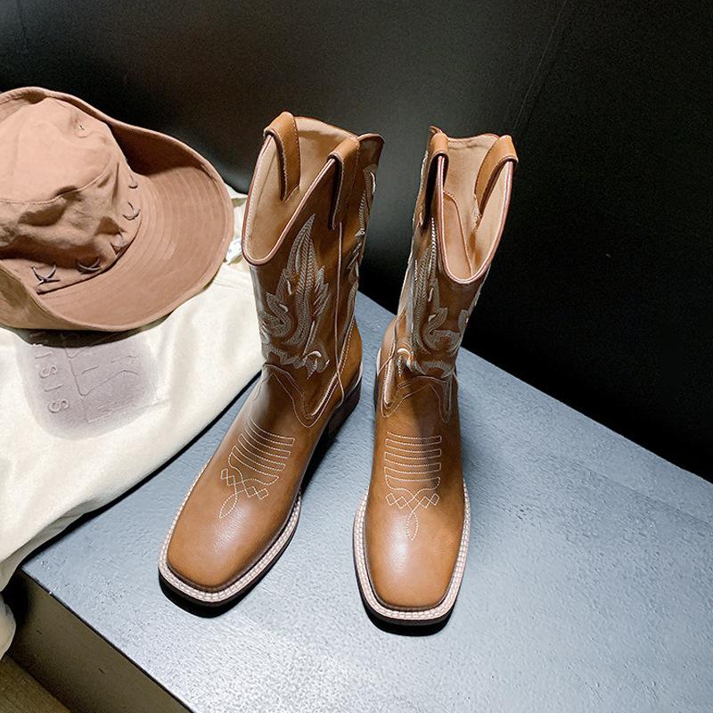 Leather Western Cowboy Boots Embroidered Knight Boots Women'S Thick Heel Medium Tube Vintage V-Mouth Square Head Martin Boots