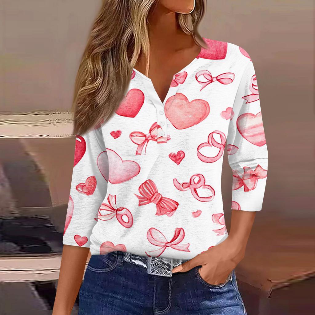 Жен. Футболка Футболка С принтом Пуговицы Рукав 3/4Ежедневно Выходные Мода Классический Топ с v-образным вырезом Обычный
