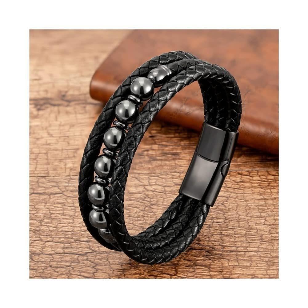 Tiger's Eye Leather Bracelet Natural Stone Three-Layer Tiger's Eye Bead Stainless Steel Magnetic Buckle Men's Popular