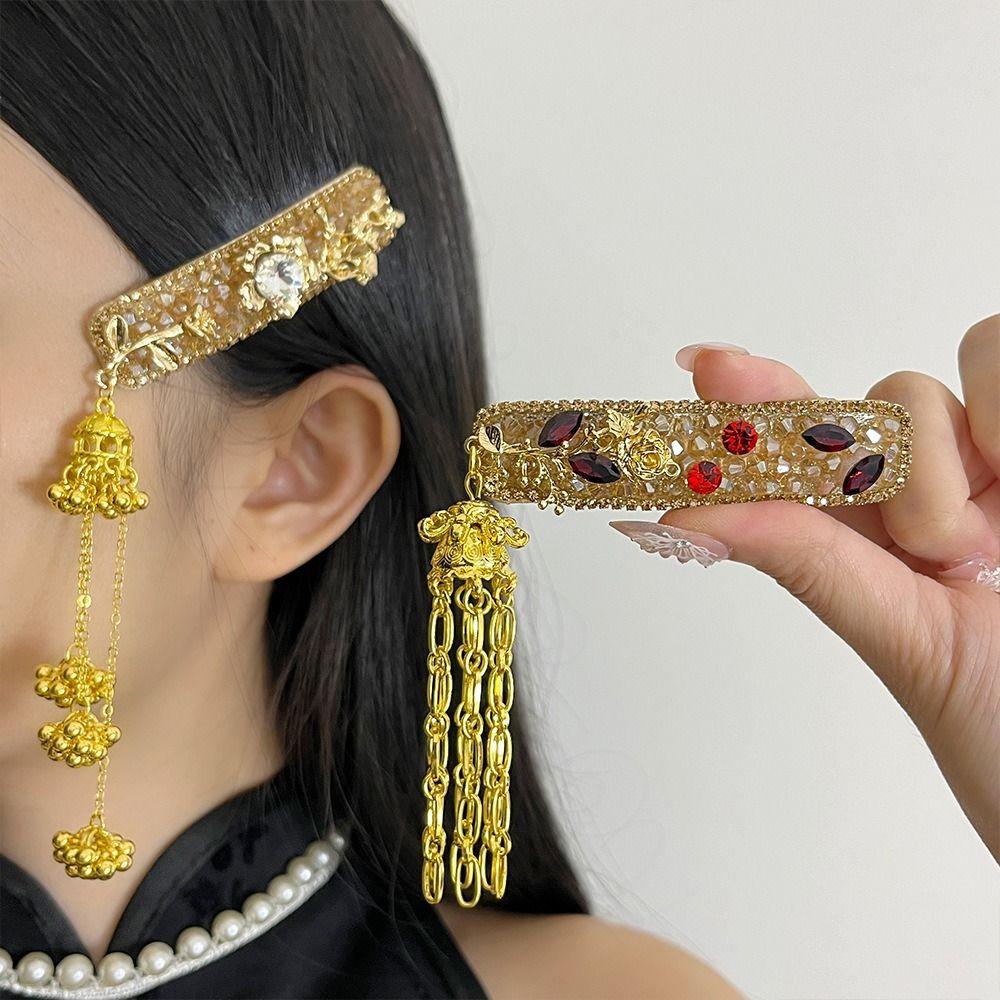 Crystal Tassel Bell Hair Clip Vintage Chinese Style Side Clip Fashion Ethnic Style Hair Hoop Women