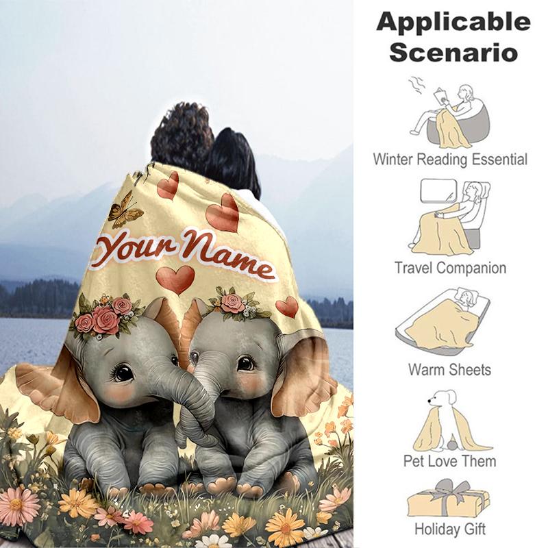 1PC Custom Name Elephants floral garden. Flannel blankets Patterns Throw Blanket All-Season Soft Gift for Couch, Bed, Camping gifts