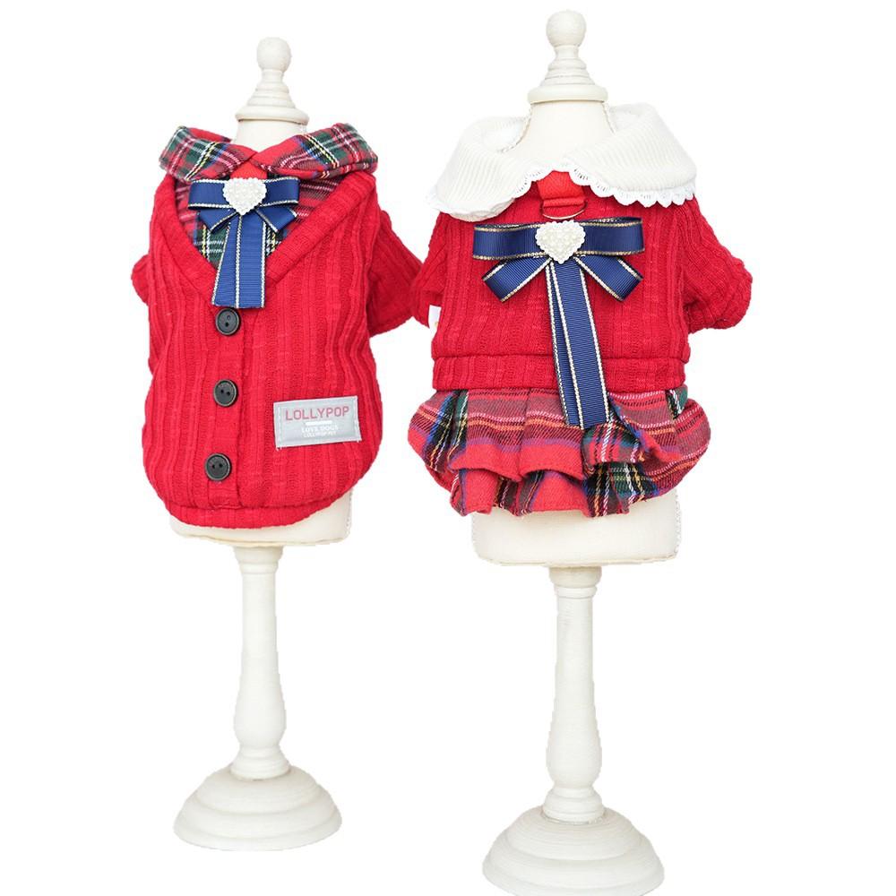Pet Autumn/Winter Checkered Dress Teddy Thick Coat Thick Wool Couple's Coat Dog Christmas Clothes Dog Dresses for Small Dogs