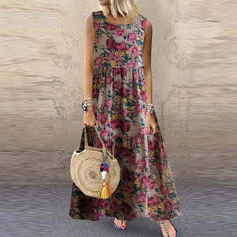 Плюс размер зеленые платья без рукавов с цветочным принтом и круглым вырезом, повседневное хлопково-льняное пляжное длинное платье трапециевидной формы большого размера для женщин