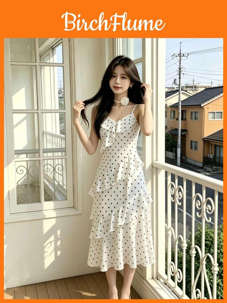 Pure Desire Polka Dot Slip Dress With Ruffle Details For Summer Casual Wear