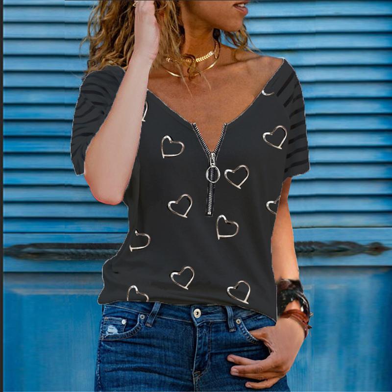 Женские повседневные футболки на молнии, перспективные полосатые футболки с рисунком Love, летние топы с короткими рукавами, большие размеры S-5XL