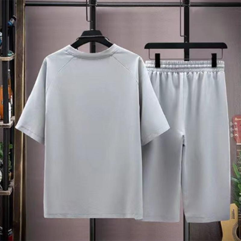 Летний костюм-футболка с короткими рукавами, мужской однотонный трендовый молодежный повседневный спортивный укороченный костюм из двух предметов