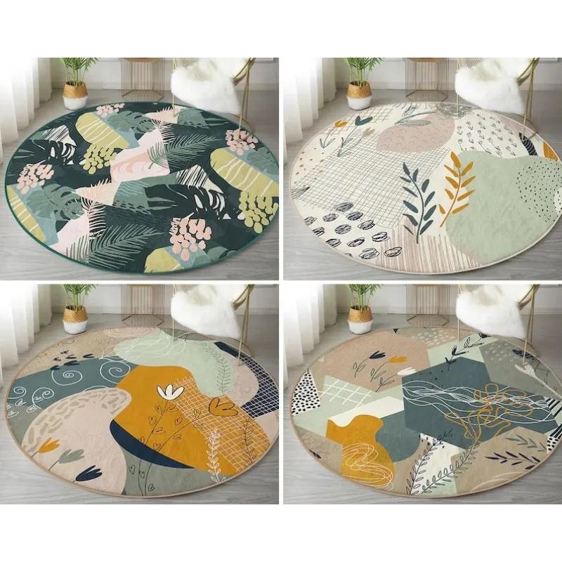 ~O~Tropical Round Rug Leaf Floor Carpet Boho Non Slip Circle Rugs Abstract Anti Slip Mat Plant Area Rugs Green Rug for Living Ro