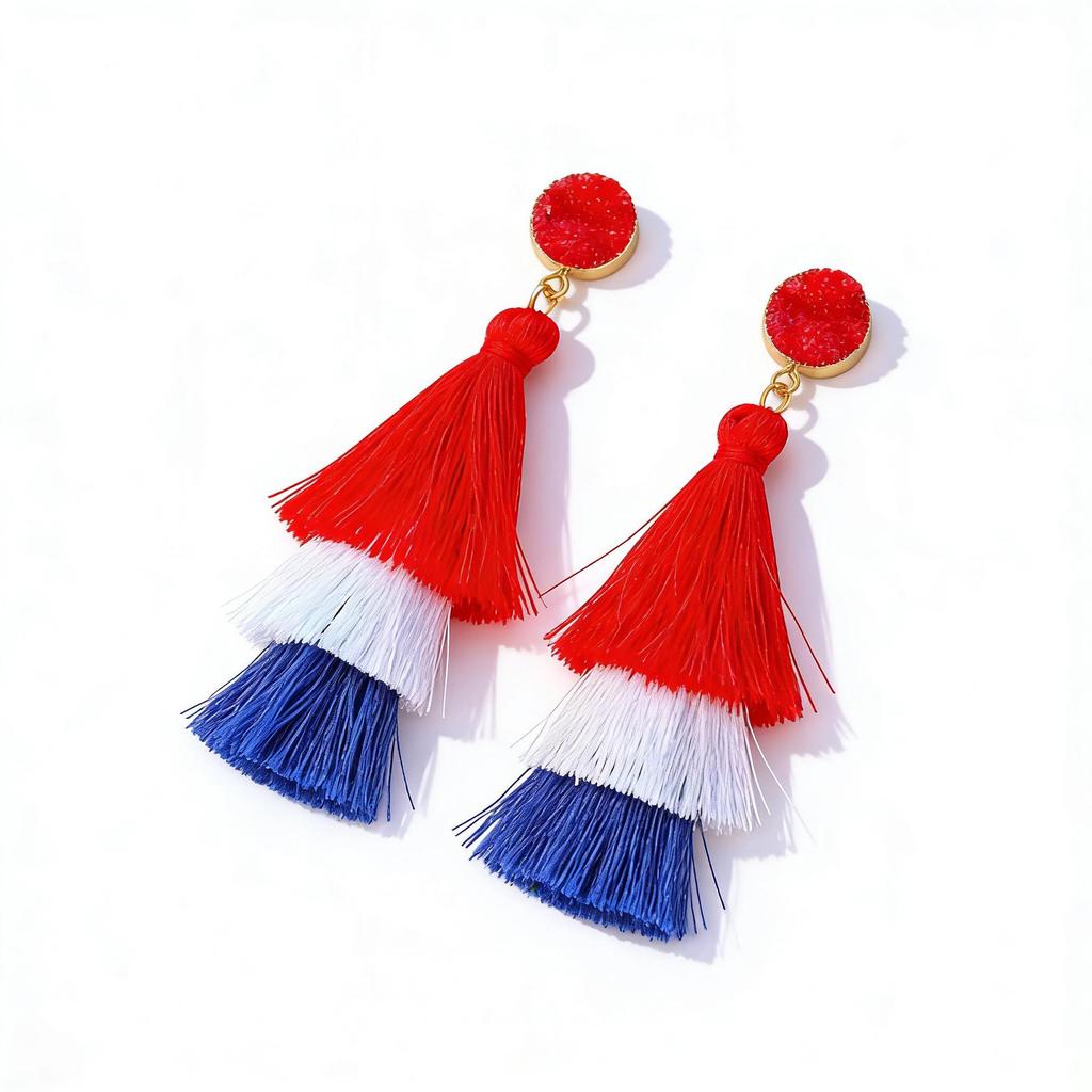 American Independence Day Tassel Earrings - Red, White, Blue Flag Colors
