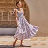 Summer Women's Plaid Stripe Printing Sling Dress Square Neck High Waist Patchwork Maxi Dress Elegant Sexy Breathable Soft Vacation Beach Long Dress