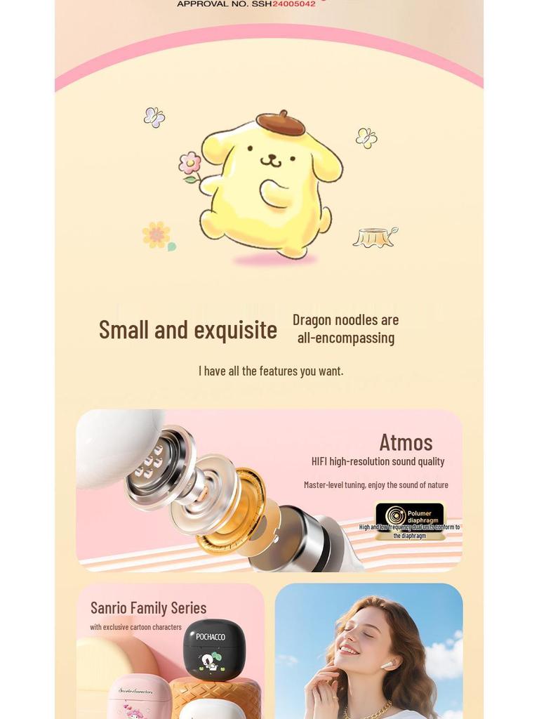 Hello Kitty Sanrio B03 Wireless Noise-Cancelling Earphones - Cute Cartoon Unisex Semi-In-Ear Bluetooth.