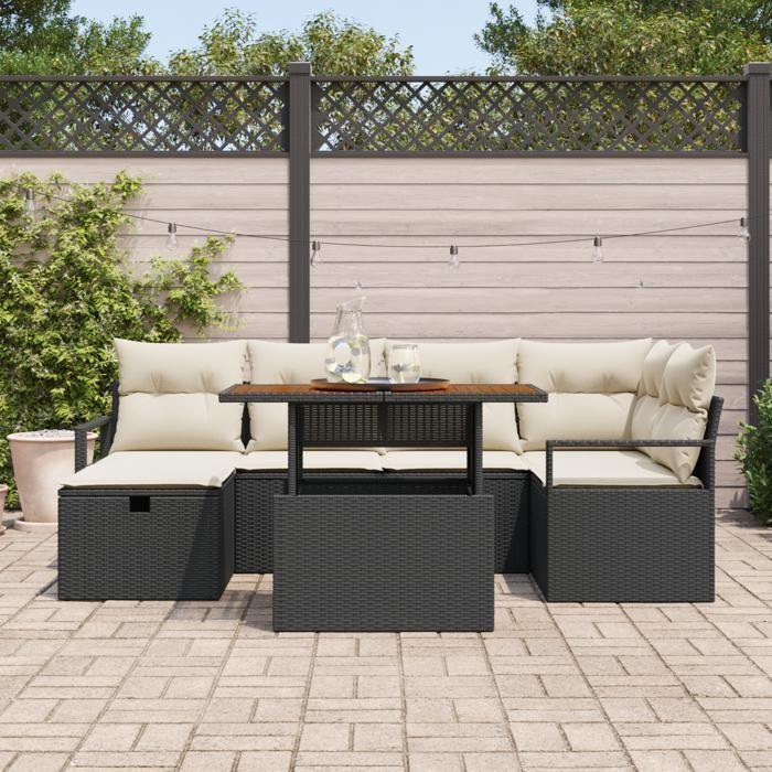 Ensemble de 7 Pièces de Canapés de Jardin avec Coussins Noir Rattan Poly, Canapé de Jardin 2 Places avec Coussins Noir 3359995