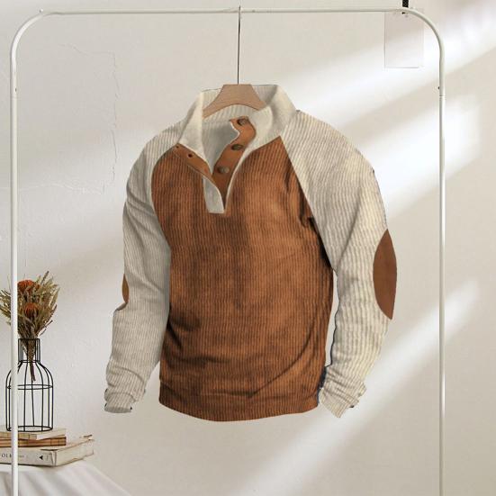 Весна Осень Мужская Толстовка Цветные Блоки Пэчворк Ретро Стиль Полуоткрытый Воротник-стойка Топ Плюс Размер Свободный