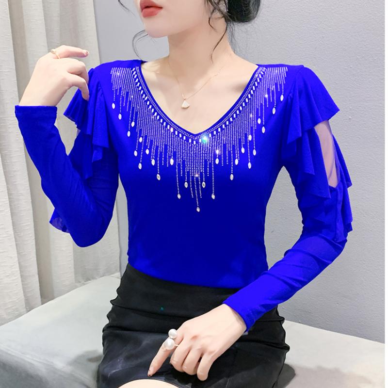 High Quality Spring Autumn Women Blue Black Mesh Inlaid Diamonds Ruffles TShirt Fashion Long Sleeve Slim Tops Sexy V-neck Casual Tees