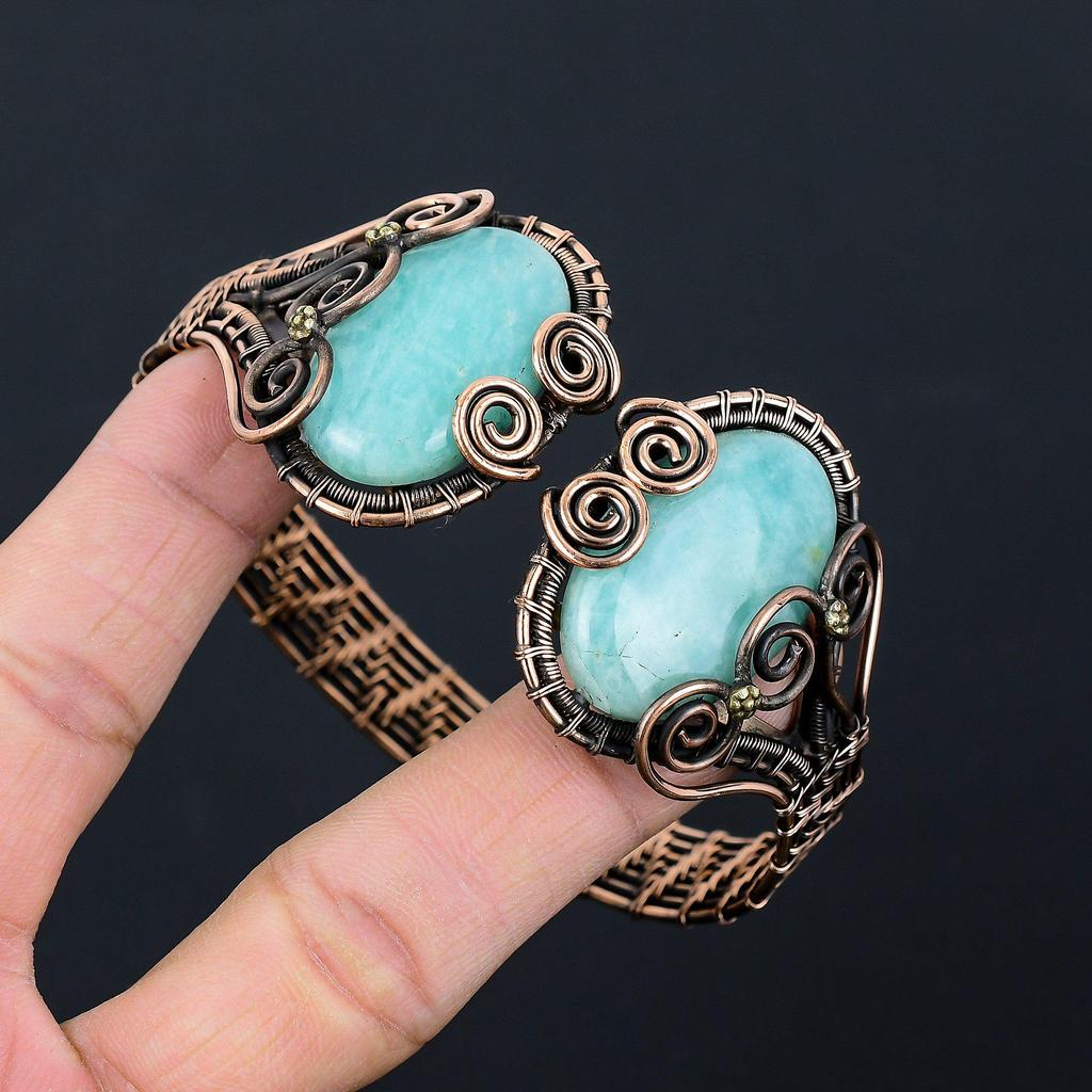 Unique Amazonite Gemstone Pure Copper Wire Wrapped Handmade Cuff/ Bangle Adjustable Jewelry