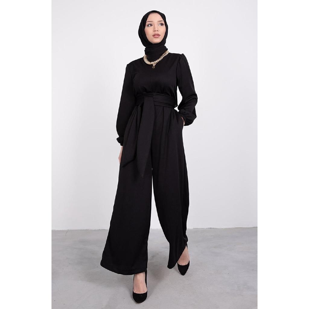 Wide Sash Wrapped Hijab Jumpsuit Black