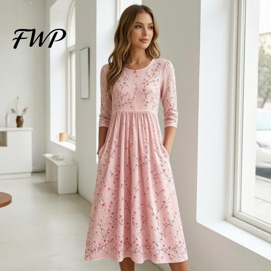 Slimming Silhouette Midi Dresses Autumn Floral Dress for Women, Long Sleeve Bohemian A Line Slim Fit Covering Belly Fat Dress, Vintage Waist-Cinching