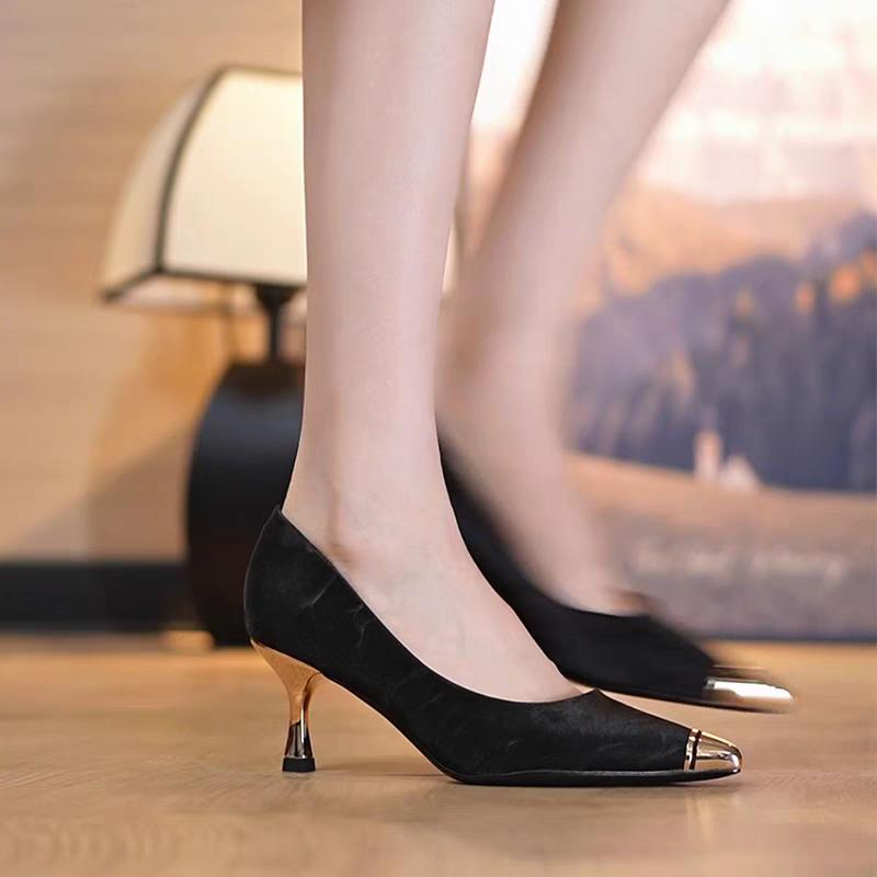 Модные туфли-лодочки на шпильке с металлическим носком, женские модные туфли с острым носком, неглубоким вырезом, из замши, нескользящие, износостойкие, на высоком каблуке