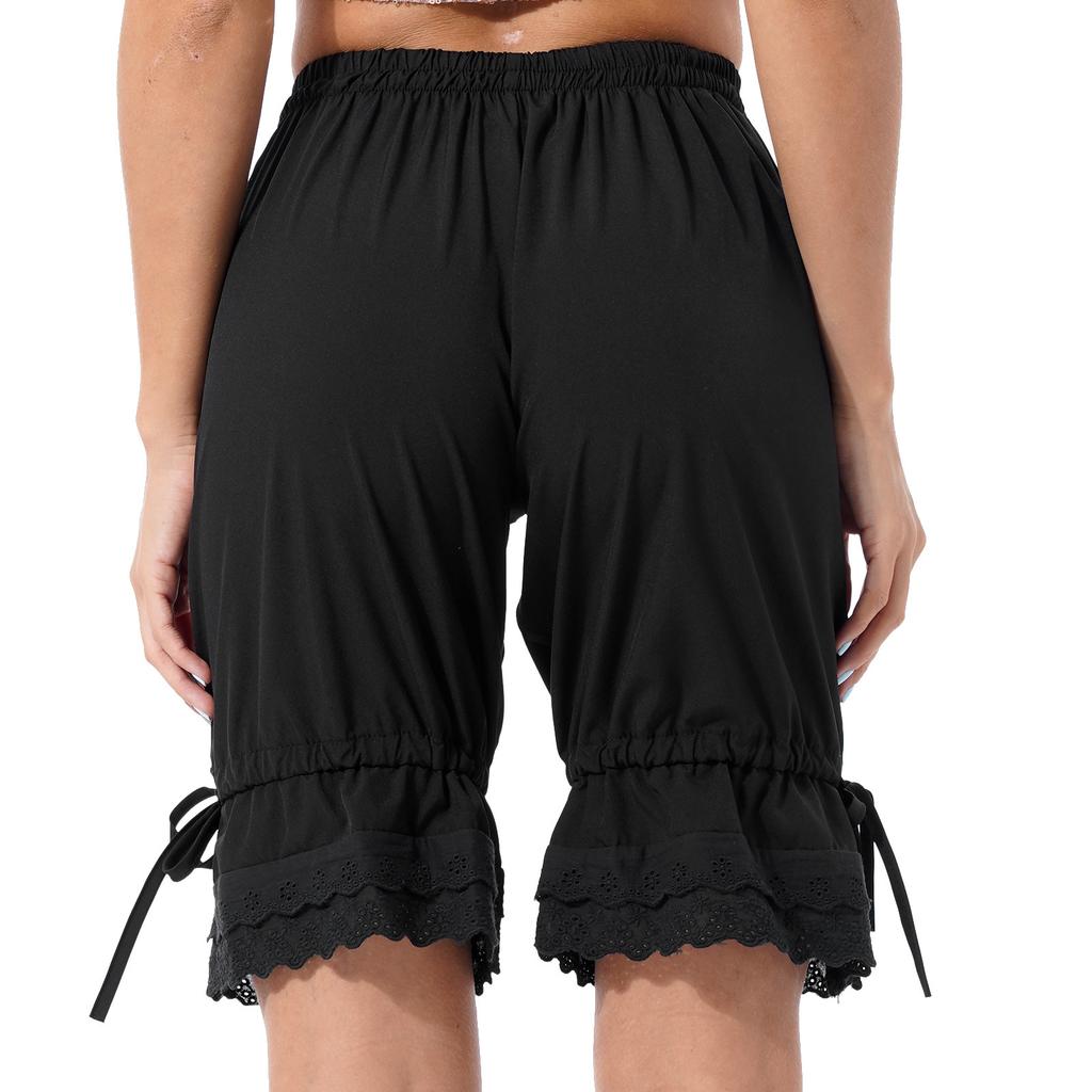 Womens Casual Loose Shorts Elastic Waistband Solid Color Style Lace Ruffle Hem Drawstring Middle Length