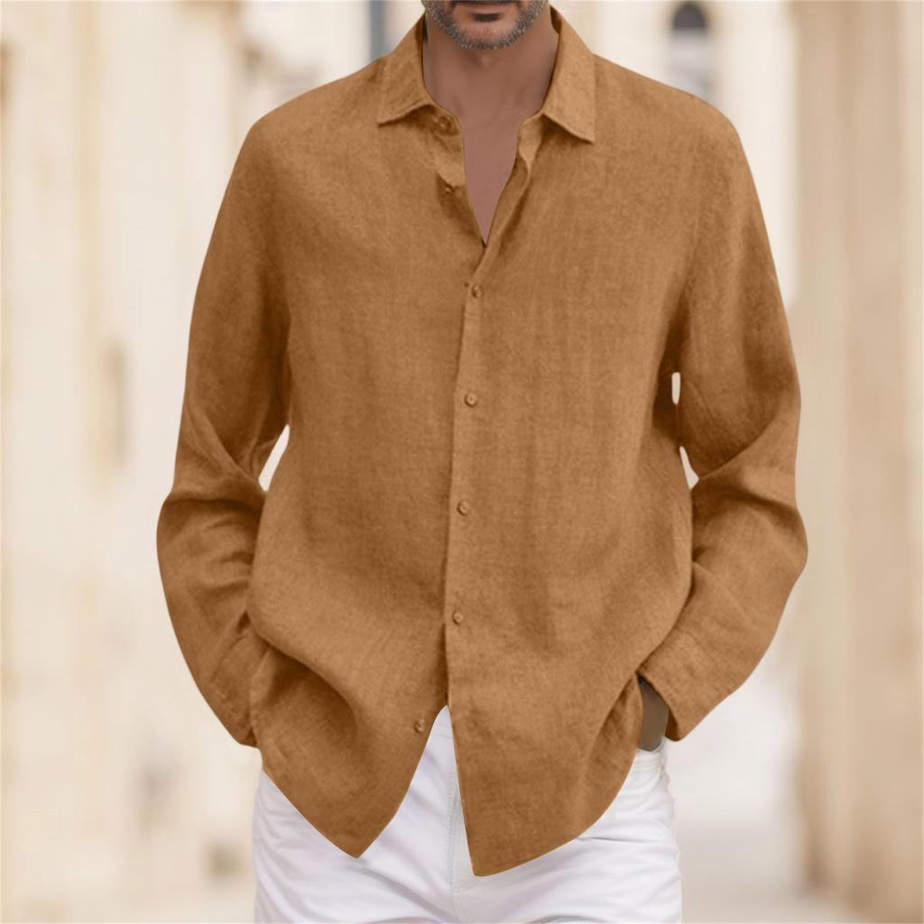 A Man In A Four-season Cotton And Linen Long-sleeved, Lapel, Loose Button Cotton And Linen Cardigan Shirt