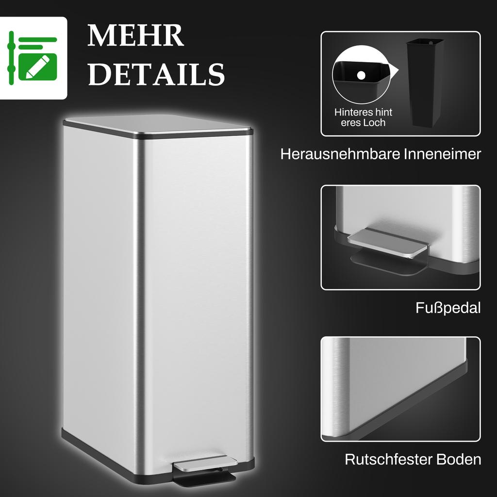 Trash Can 20L, Soft-Close Lid, Deodorant Compartment, Fingerprint-Proof, Stainless Steel, Silver
