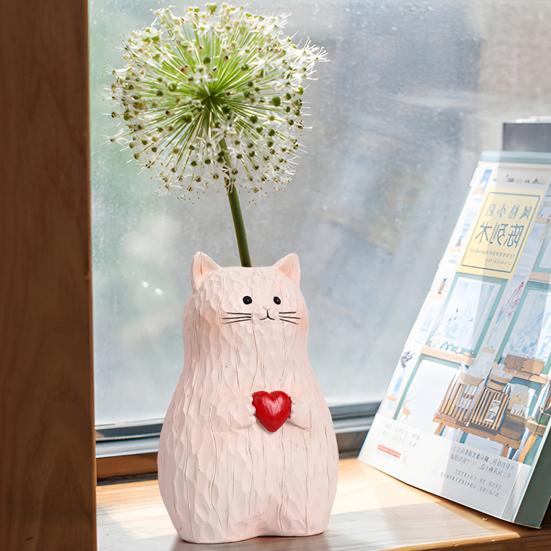 Ваза для цветов в форме сердца с котом из смолы ручной работы с изображением мультяшного котенка, держатель для цветочных растений
