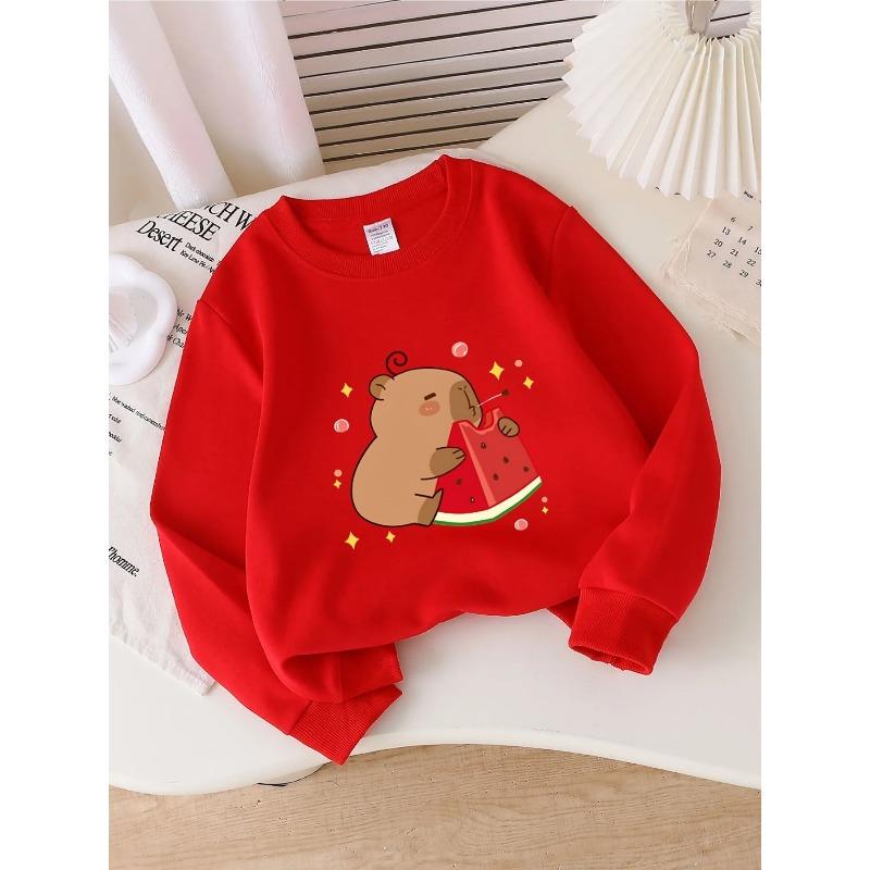 European sizes Kids' Crewneck Sweatshirt - Cute Bear Eating Watermelon Slice , Sportswear And Casual Wear, Soft And Comfortable, Children's Clothing