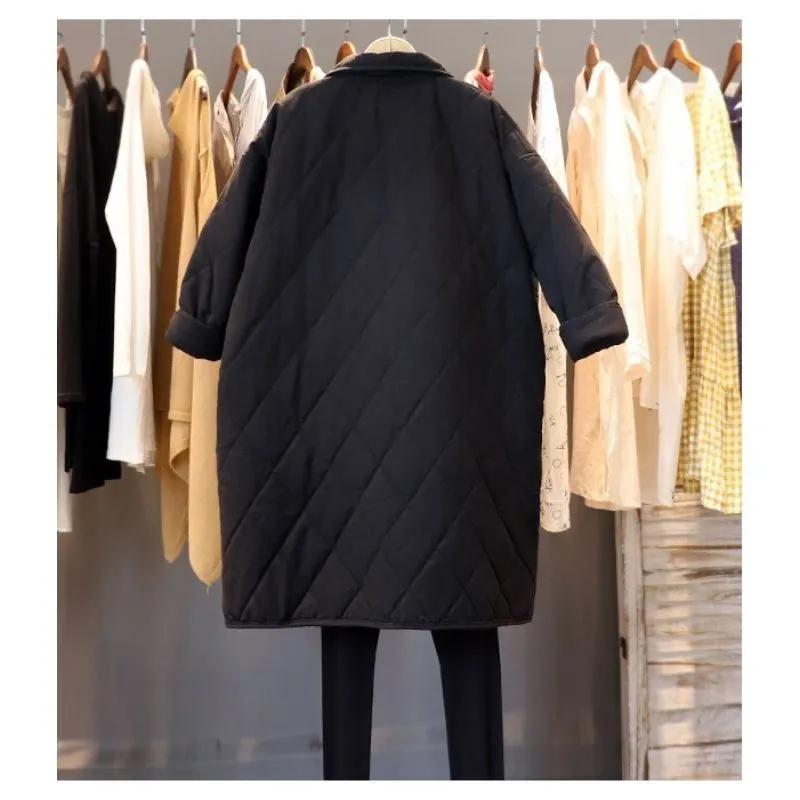 Women's Winter Literary Diamond-shaped Cotton Jacket Loose Leisure In The Long Section Thickened Warm Cotton Clothing