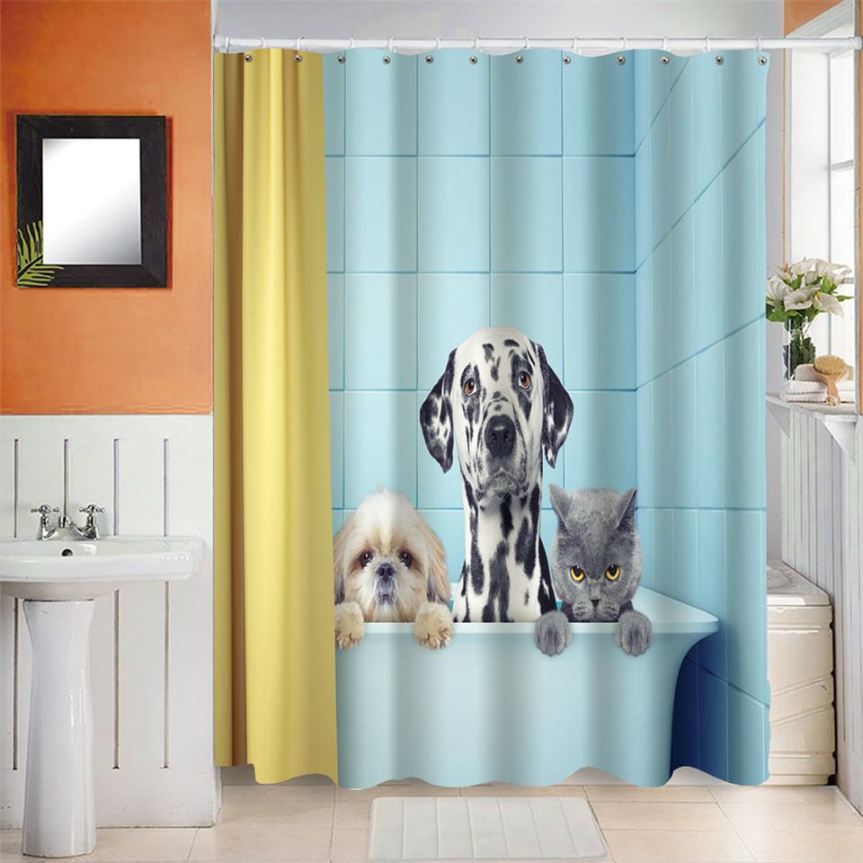 Cat Brushing Teeth Shower Curtain Bathroom Product Waterproof Durable Polyester Fabric Room Decoration Cortinas With 12pcs Hooks