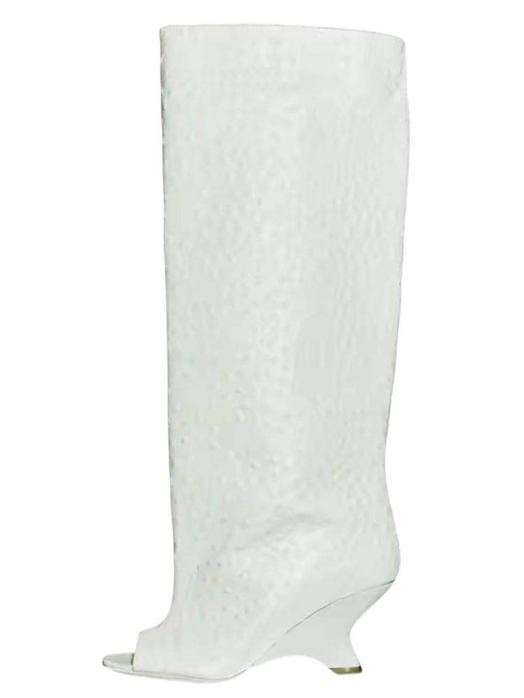 Женские туфли с открытым носком на толстом высоком каблуке, ботфорты до колена, крутые ботинки на скошенном каблуке, модный показ, большой размер, весенне-летние женские ботинки