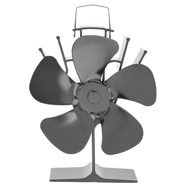 5 Blades Efficient Wood Stove Fan Wood-burning Real Fire Fireplace Fan for Pellet Wood Log Burning Stove Home Black