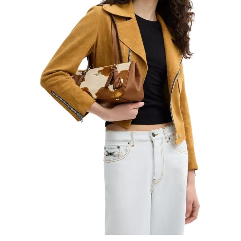 COACH Print Calf Hair With Smooth Leather Shoulder Bag Large Women's Light Brown CDW46-IMYFH