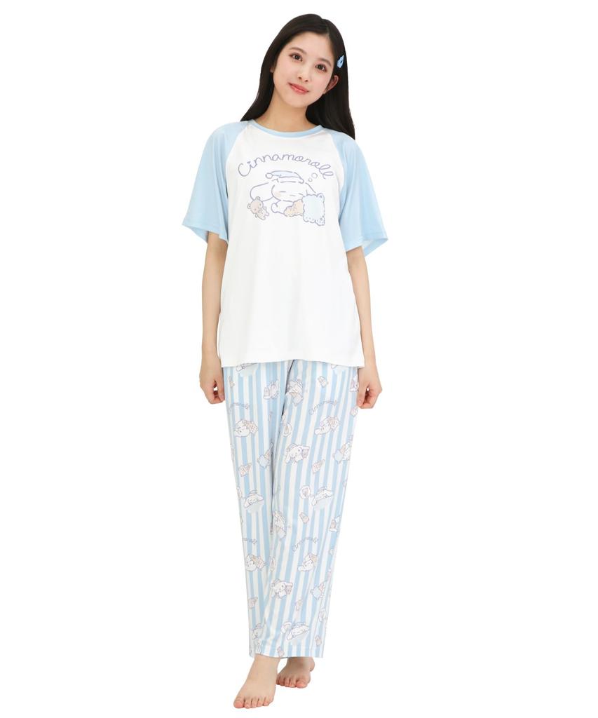 Cinnamoroll Covered Powder Short Long Top and Bottom Room Loungewear X [SAZAC] Pajamas, Stretch, Women's, Sleeves, Pants, Set, Wear, (Saxophone