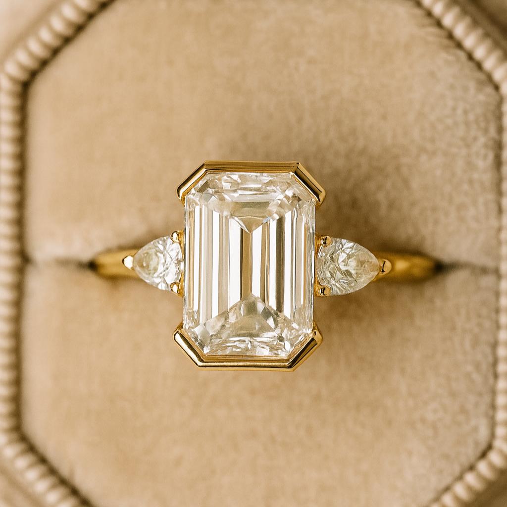 Emerald Cut Moissanite Wedding Ring, Pear Shaped Engagement Ring, Half-Bezel Bridal Ring, Yellow Gold Plated Jewelry