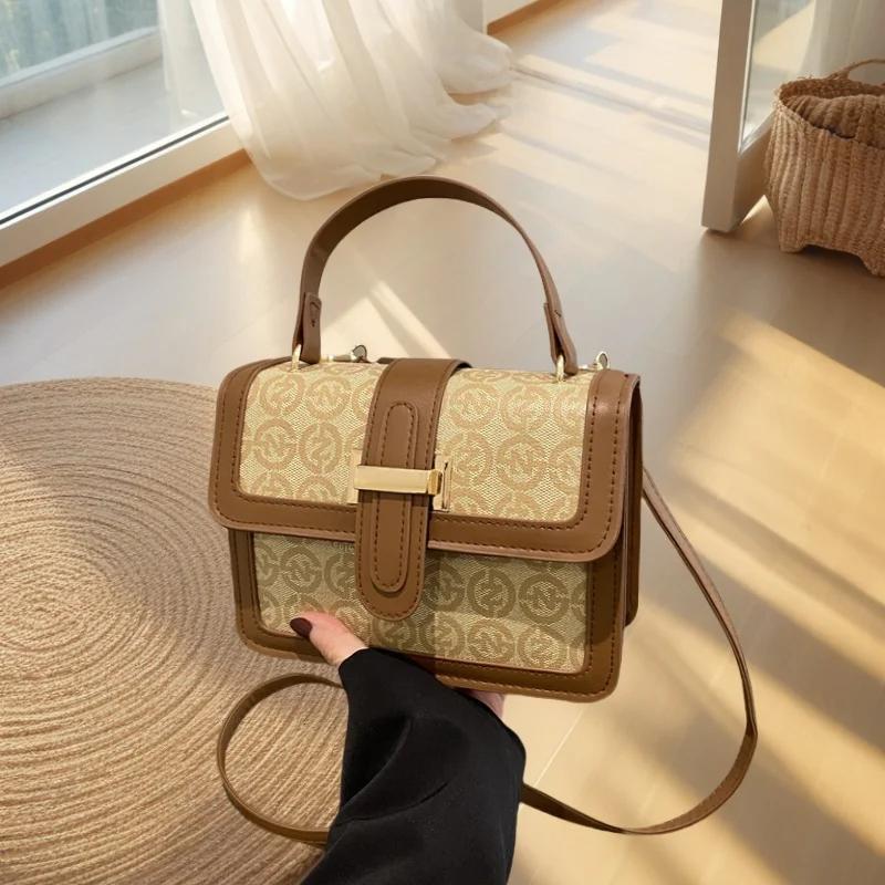 Printed PU Leather High-End Retro Textured Women Handbag Fashionable Shoulder Crossbody Small Square Bag