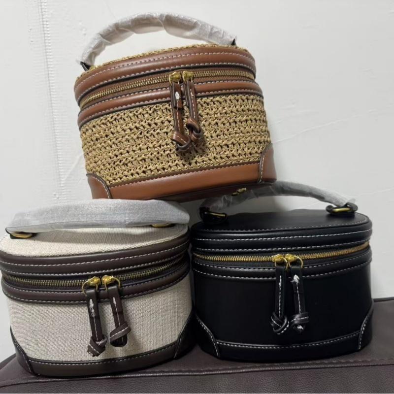 Fashion Canvas Color Blocked Handbag for Women High End Exquisite Round Barrel Single Shoulder Crossbody Bag Handheld Makeup Bag