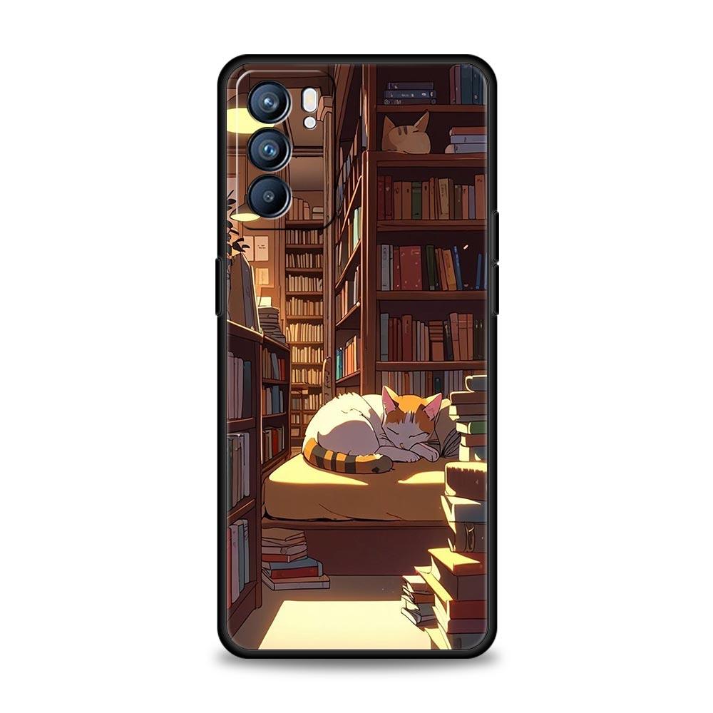 Phone Case For Oppo A17 A31 A54 A57 A78 A79 Find X5 X6 Reno 7 8 10 11 12 13 F Pro Soft TPU Cute Butterfly Cat Bookshelf Design