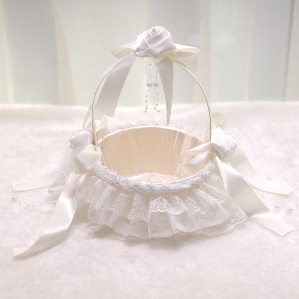 Lace Ruffles Wedding Baskets Bowknot Flower Baskets for Wedding Ceremony Wedding Flower Girl Basket with Flower Handle