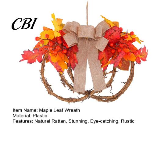 Fall Door Wreath Artificial Maple Leaf for Front Door, Thanksgiving Rattan Garland with Berries And Burlap Bow Autumn Harvest Wall Hanging Decor