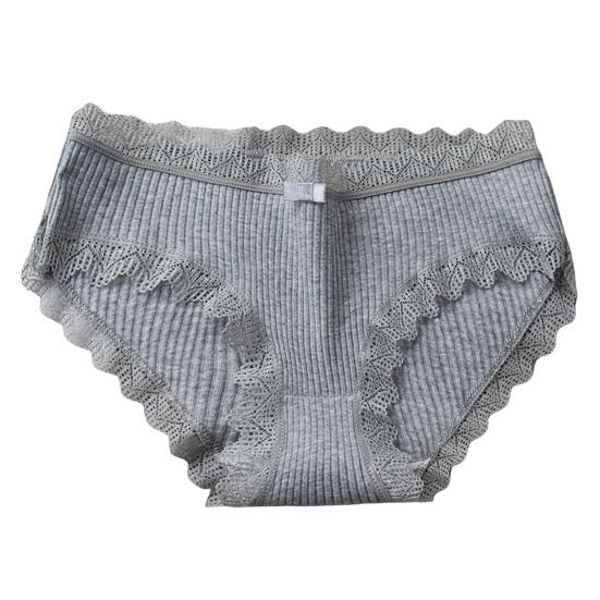 Women Underpants Thread Mid Waist Lace Edge Solid Color Elastic Cotton Crotch Moisture-wicking Stretchy