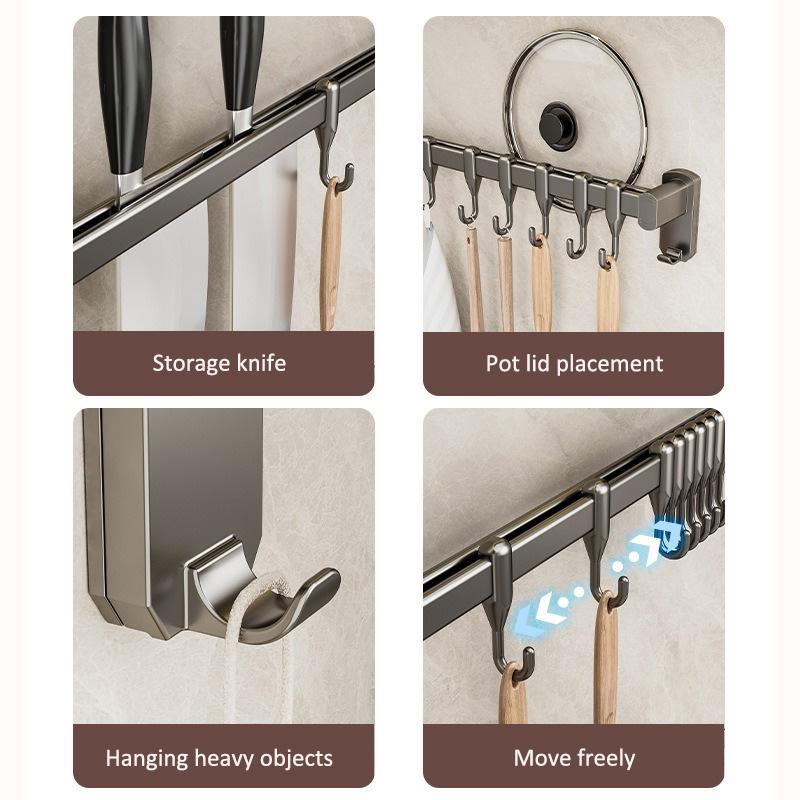 Kitchen Storage Rack Non-perforated Shelves Wall Mounted with Movable Hook Spoon Holder Organizer Kitchen Utensil Accessories