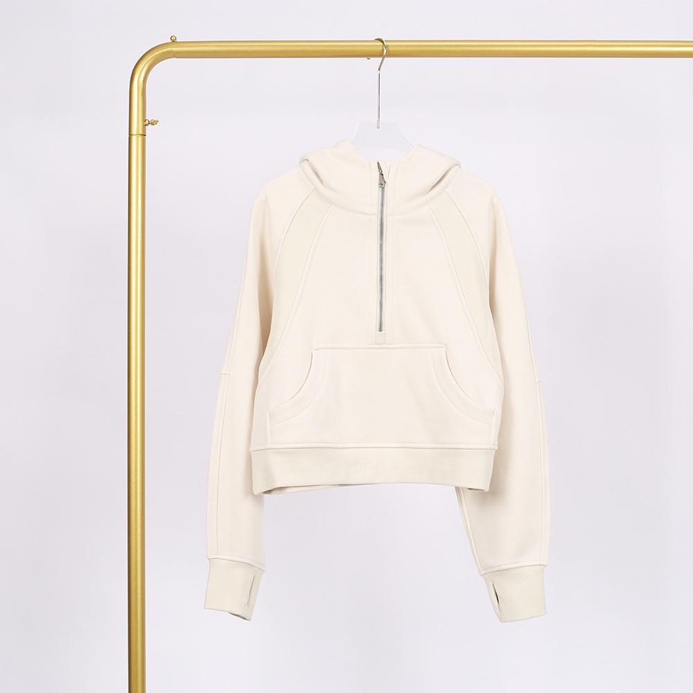 LULU Women's Hooded Half-Zip Terry Cloth Sweatshirt with Gold Logo & Zipper, Plus Velvet Yoga Wear