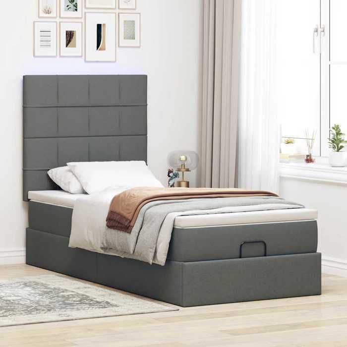 Cadre de lit avec matelas - 80x200 cm - Gris foncé - Rangement sous le lit - Mécanisme de levage hydraulique