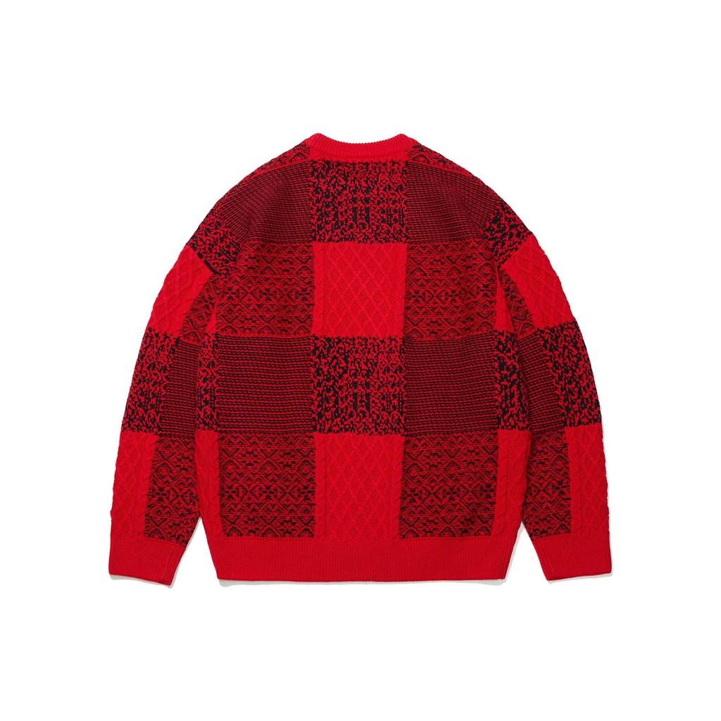 Li Ning Plaid Pattern Knitted Round Neck Long Sleeve Sweater Unisex Sweater Red AMBT001-1