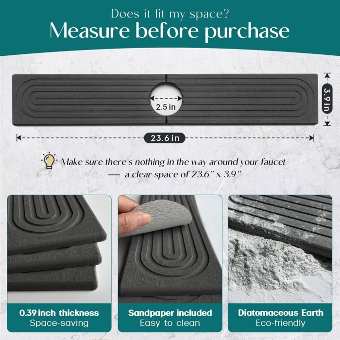 Tapis absorbant pour évier - AIMOONSA - 60 x 10 cm - Diatomite - Trou 6,5 cm - Gris
