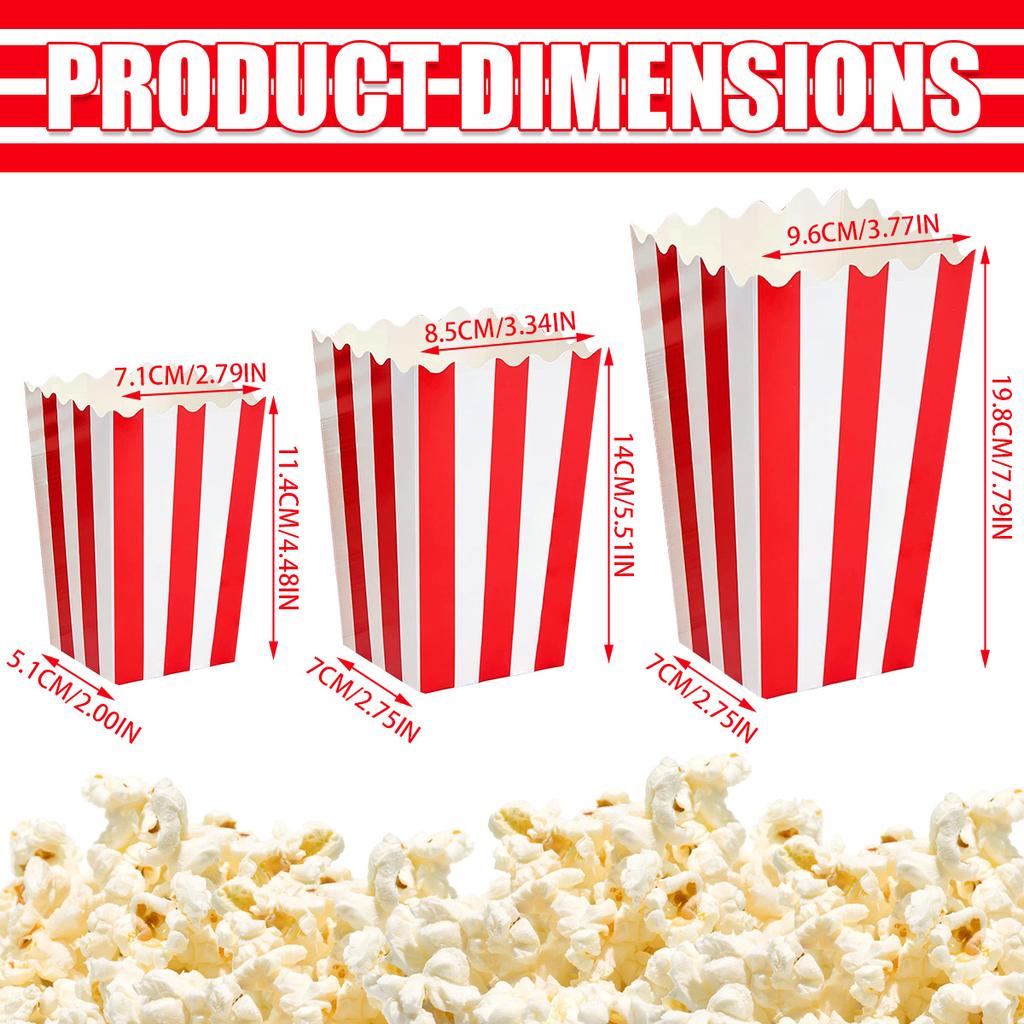 25Pcs Popcorn Paper Boxes Buckets Red White Stripes Bags Snack Containers for Movie Night Birthdays Carnival Party Supplies