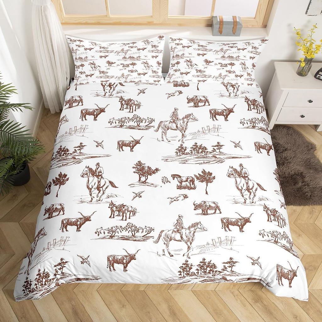 Пододеяльник Западный Ковбой Кинг-сайз Пустынный Кактус Корова Лошадь Животное Постельное Белье Набор Для Детей Мальчиков Девочек Взрослых Украшение Комнаты 3 шт.