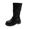 Autumn New Mid-Tube Boots Fashion Round Toe Sleeve Metal Buckle Platform Non-Slip Block Heel Single Shoes