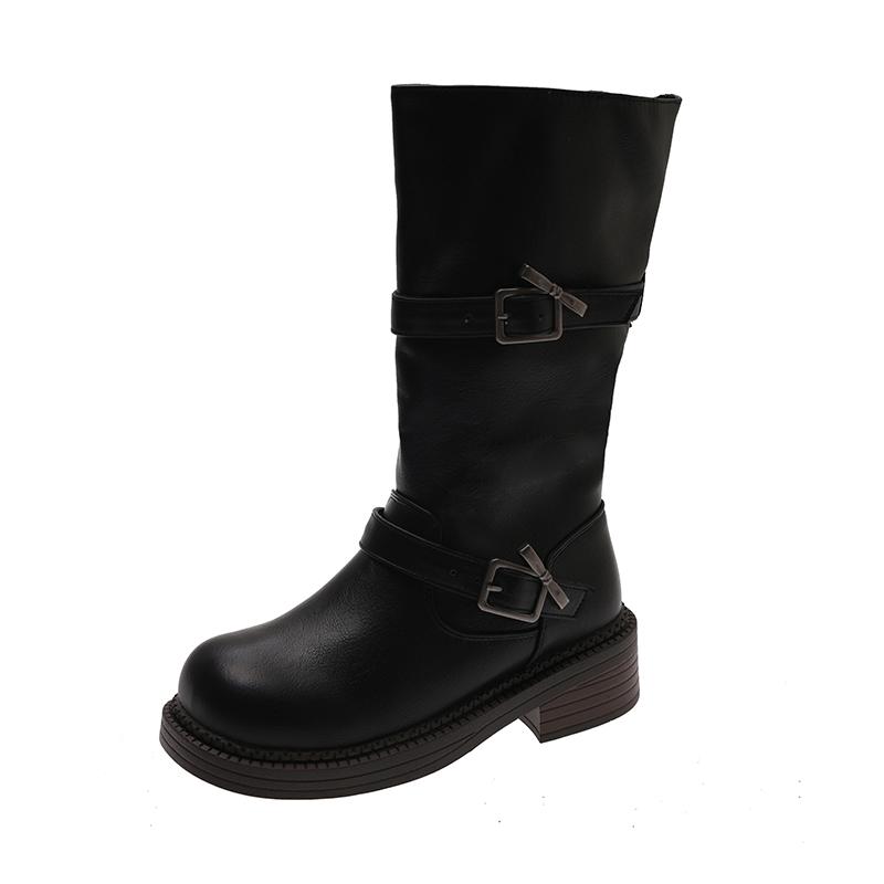 Autumn New Mid-Tube Boots Fashion Round Toe Sleeve Metal Buckle Platform Non-Slip Block Heel Single Shoes
